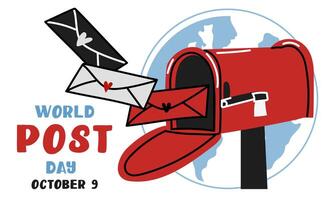Post Day banner with post box mail box design illustration, World Post Day. World Mail Day. A horizontal banner for the holiday. Red mailbox accepts mail, letters, parcels on the earth map vector