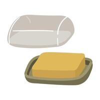 Illustration shows an oil pan, a plate with a cube of butter, a glass lid next to it. Perfect for adding juiciness, flavor to your culinary creations. Insulated piece of butter on a stand with a lid vector