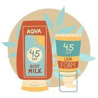 Jar of sunscreen foam and milk. in a closed tube with a dispenser with tropical leaves. Cosmetics. Face and body care products. Icon of the Spf jar. A object in a flat style. Isolated object vector