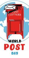 Post Day banner with post box mail box design illustration, World Post Day. World Mail Day. Vertical banner for the holiday. The red mailbox accepts mail, letters, parcels on the earth map vector