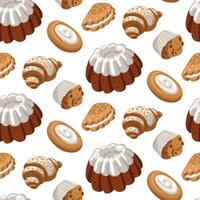 pattern of colored baking drawings, a natural illustration. Natural color scheme. Delicious sweet pastries made from different types of dough are chaotic. Suitable for baking in cafes, bakeries white vector