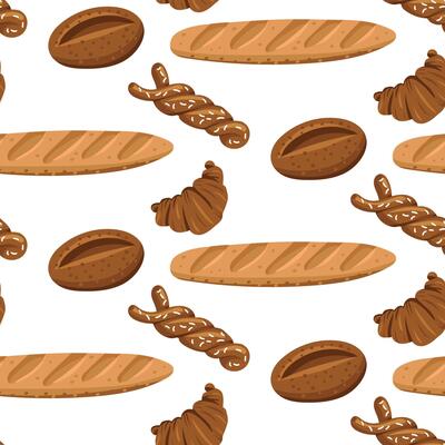 Pattern of colored bakery products, a natural illustration of baking bread and sweets. Natural color scheme. Delicious sweet pastries made from different types of dough. Packaging in cafes, bakeries