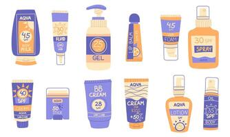 Set cosmetics with SPF protection. Protection from sunlight. Products for the face, body and lips. Various cosmetics lotion, cream, spray, lipstick in different forms. Collection of various vector