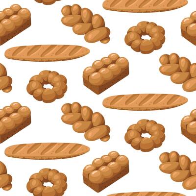 pattern of colored baking drawings, a natural illustration. Natural color scheme. Delicious bread pastries from different types of bakery products. Suitable for baking in cafes, bakeries. diversity