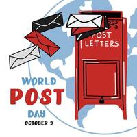 Post Day banner with post box mail box design illustration, World Post Day. World Mail Day. A banner for the holiday. The red mailbox accepts mail, letters, parcels on the earth map, white blue vector