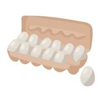 Package with fresh white chicken eggs. The open container with a lid is made of recyclable cardboard. Ingredients can be used for baking, cooking, or breakfast. A container completely filled with eggs vector