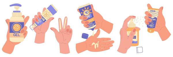 Set of jars with sunscreen in your hands. Squeeze and hold the liquid in a closed and open variety of tubes. Cosmetics. Face and body care products. Icon of the jar with Spf liquid. Flat style objects vector