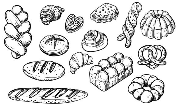 A set of illustrations with an image of baking, a black outline. The image is made manually using lines of different thicknesses. Contour illustration for baking in cafes, bakeries on white vector