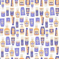 Pattern of SPF protected vials stand in a row. Protection from sunlight. For the face, body and lips. Various cosmetics lotion, cream, spray, lipstick in different forms. Texture of the various vials vector