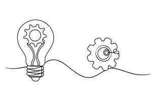 Light bulb and gears with a line drawing of a light bulb, symbolizing innovation and creativity, continuous line art illustration. vector