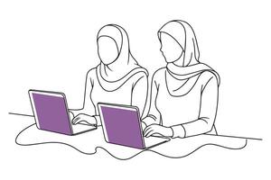 Two Muslim women in hijab sitting at a table, working on a laptop doodle continuous line art illustration on white background. vector
