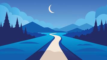 Cartoon illustration of a path leading to a serene river, with trees and blue sky flat illustration. vector