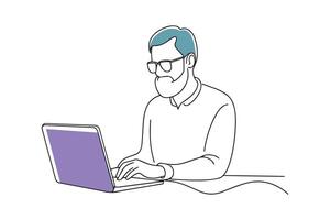 Man earing glasses working on a laptop at a desk doodle continuous line art illustration on white background. vector