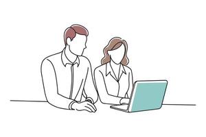 Two individuals collaborating on a computer in an office setting doodle continuous line art illustration vector