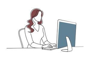 Woman sitting at a desk in front of a computer doodle continuous line art illustration vector