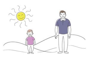 man and a child smiling in the sun doodle continuous line art illustration vector