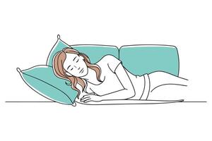 Woman relaxing on a couch with her head comfortably placed on a pillow, continuous line art illustration on white background vector
