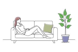 Lady resting on couch in comfortable living space doodle continuous line art illustration vector