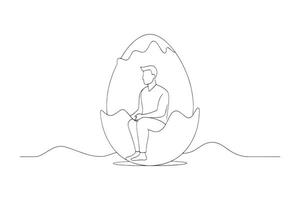 A person sitting in a large egg, surrounded by cracks and light shining through line with illustration on white background. vector