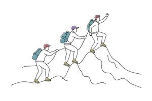 Trio of mountaineers making their way up a challenging peak, showcasing teamwork and determination doodle continuous line art illustration. vector
