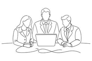 A line drawing of business professionals collaborating on a project line with illustration on white background. vector