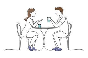 A man and woman sitting at a table, engaged in conversation doodle continuous line art illustration. vector