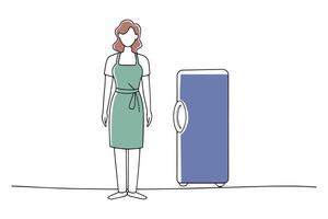 woman in an apron standing in front of a refrigerator doodle continuous line art illustration vector