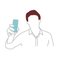 Man smiling while holding up a phone line illustration on white background. vector
