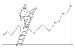 A businessman climbs a ladder to reach a graph, symbolizing ambition and determination line with illustration on white background vector