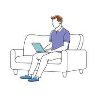 Man seated on a couch in a modern living room Business shape line illustration on white background. vector