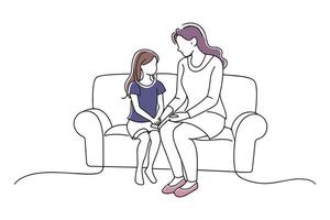 Mother and daughter enjoying a cozy moment on the couch doodle continuous line art illustration on white background vector