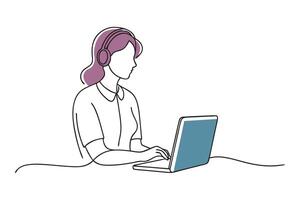 headphones while working on a laptop doodle continuous line art illustration on white background. vector