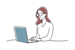 woman with glasses using a laptop while seated at a table doodle continuous line art illustration. vector