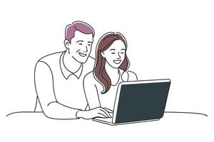 man and woman happily smiling while looking at a laptop screen doodle continuous line art illustration on white background vector