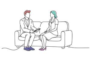 Doctor and patient having a discussion on a couch in a medical offices doodle continuous line art illustration on white background. vector
