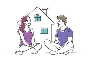 Man and woman sitting on the floor in their new house, smiling at each other doodle continuous line art illustration on white background vector