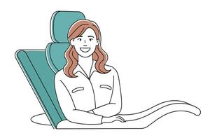 Woman smiling in a dentist chair during a check-up Hand drawn offset fill with doodle illustration vector