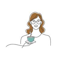 Woman in glasses smiling while holding a cup of coffee doodle continuous line art illustration vector