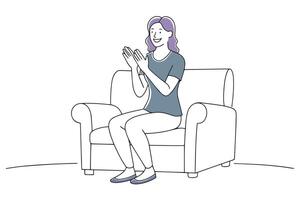 Woman on couch, clapping with a smile doodle continuous line art illustration. vector