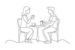A man and woman sitting at a table with coffee cups engaged in conversation line with illustration on white background. vector