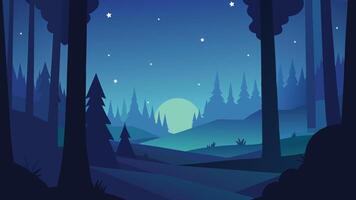 Nighttime scene of a forest with glowing fireflies and tall trees natural background illustration. vector