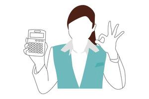 Woman displaying an OK gesture while holding a calculator, flat Ui design illustration. vector