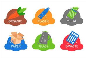 Set of flat icons for sorting garbage, types of garbage vector