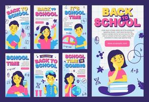 Set of back to school banners, templates with text and students vector