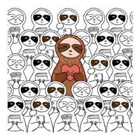Illustration of cute sloths. Sloth stands in the crowd, holding a heart in its paws, while others hold smartphones, books, and coffee. vector