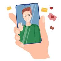 Call concept. Young man on screen of smartphone. Female hand is holding smartphone. Talk to ayoung cute guy through the app. vector