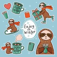 Winter sloth sticker set. Sloth with mug of cocoa. vector