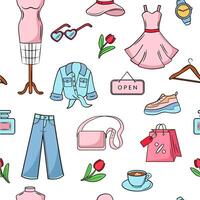 Clothes, goods, summer shopping. Beautiful pattern set on a white background. Seamless background for printing. vector