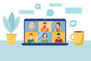 Friends joining online. Remote working or communication, training via conference call. Web chatting. Workplace, laptop screen, group of people talking by internet. vector