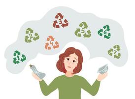 girl sorts plastic garbage. Sorting plastic waste for recycling. Categories of plastic types. Types of plastic marking. Codes for recycling. vector